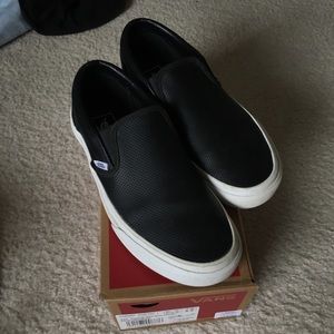 black leather slip on vans